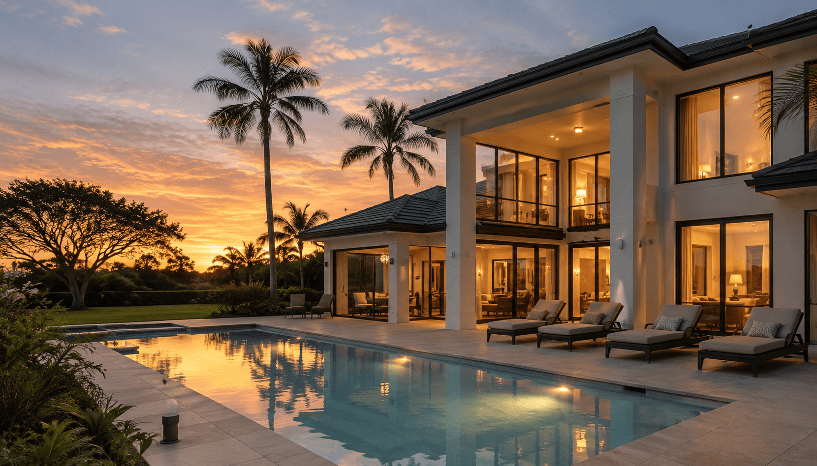 Luxury Southwest Florida vacation home with a pool at sunset