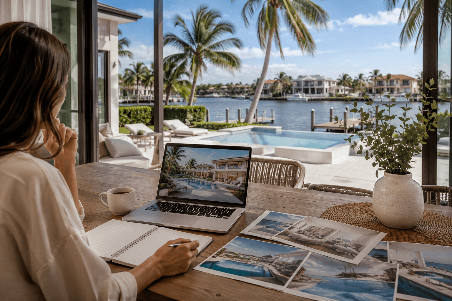 Luxury rental planning with property photos overlooking a waterfront pool home